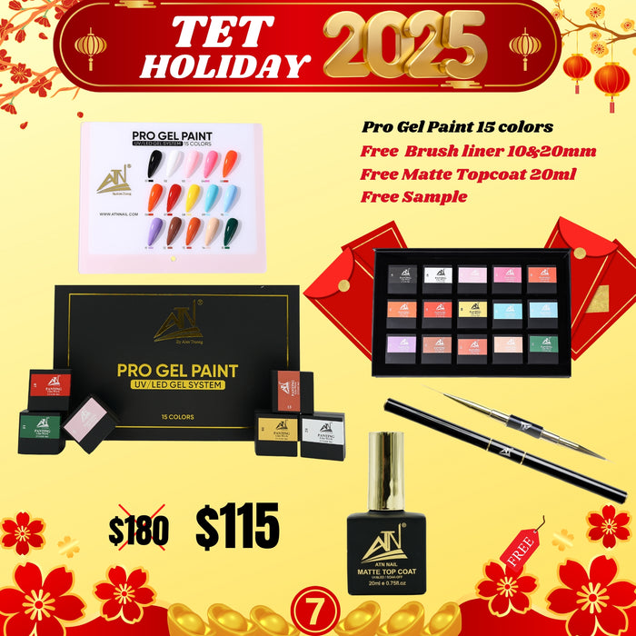 Tet Holiday 2025 - Pro Gel Paint 15 colors, Free Sample, Brush liner 10&20mm, Matte Topcoat 20ml