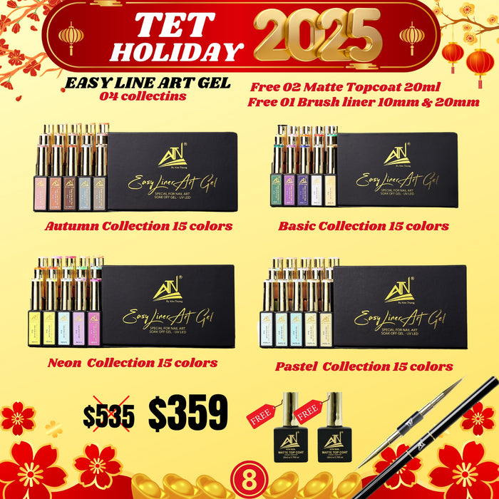 Tet Holiday 2025 -  EASY LINE ART GEL 4 COLLECTION - Free 02 Matte Topcoat 20ml, Free 01 Brush liner 10mm & 20mm