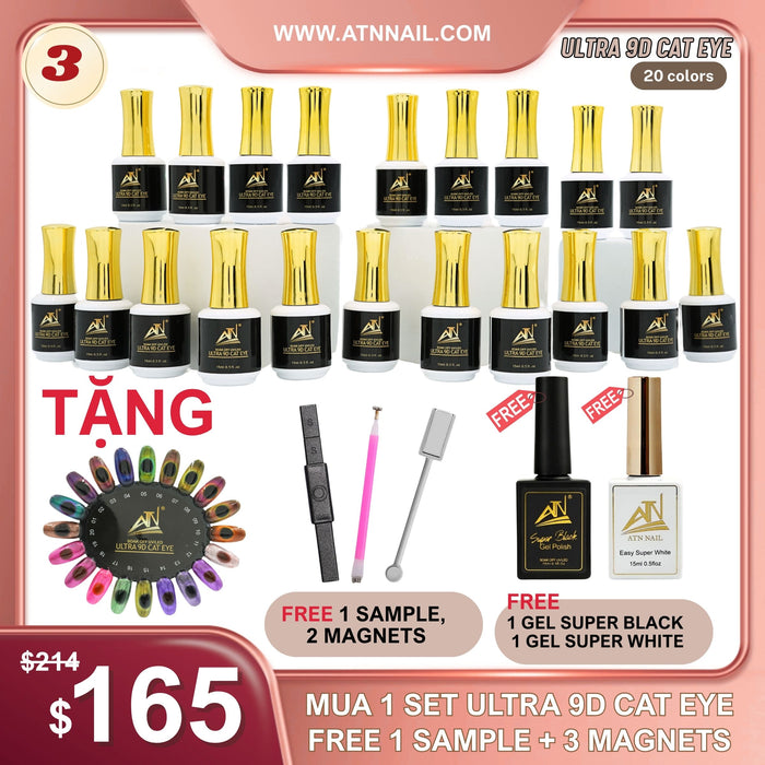 FS1002 - 1 Set Cat Eye Ultra 9D - Free Sample & 3 Magnets - Free 1 White Gel & 1 Black Gel