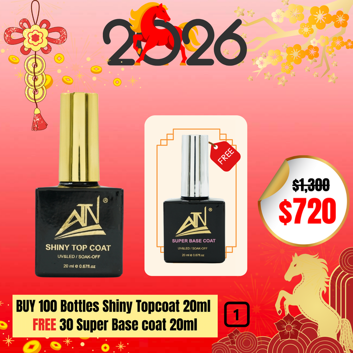 BT1: BUY 100 Bottles Shiny Topcoat 20ml  FREE 30 Super Base coat 20ml