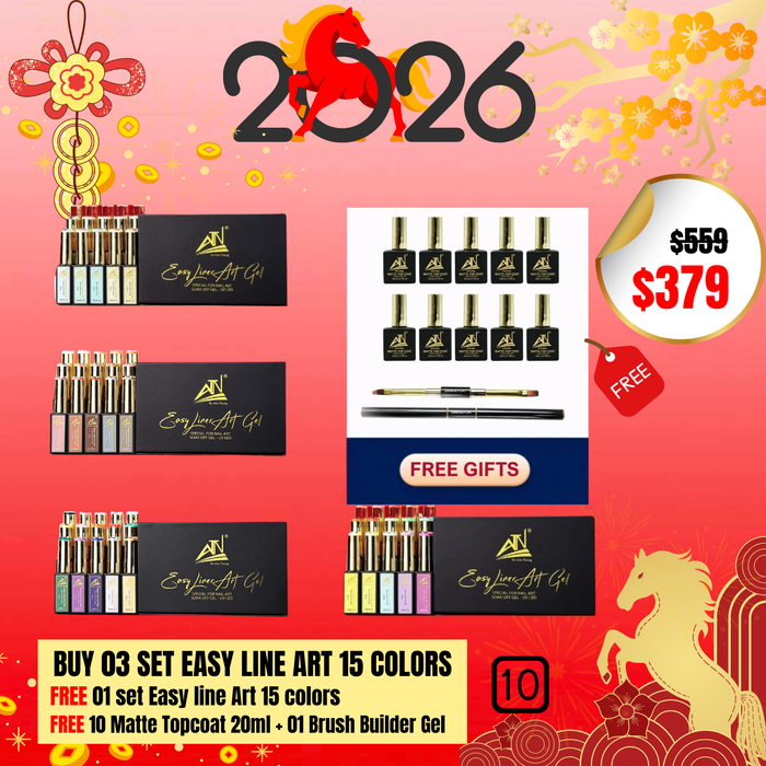 BT10: BUY 03 SET EASY LINE ART 15 COLORS FREE 01 set Easy line Art 15 colors FREE 10 Matte Topcoat 20ml + 01 Brush Builder Gel