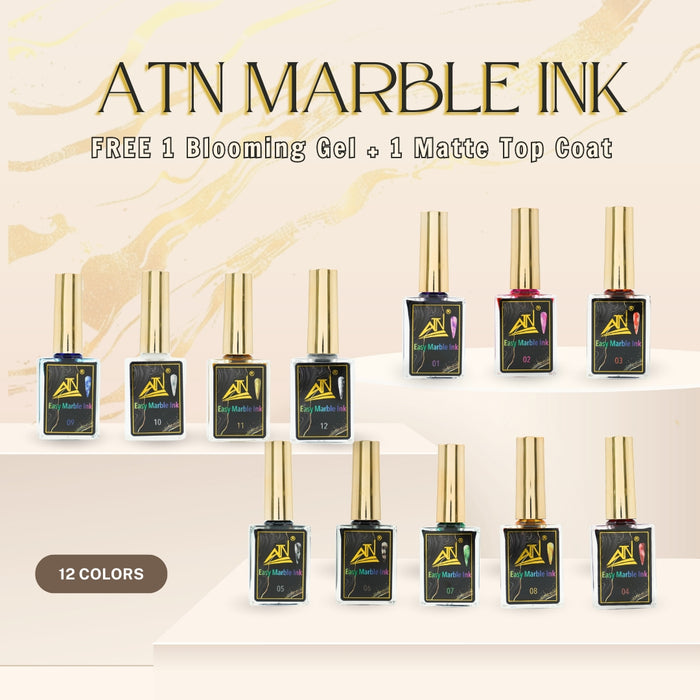 ATN Marble Ink (12 Colors) - Includes 1 Blooming Gel + 1 Matte Top Coat