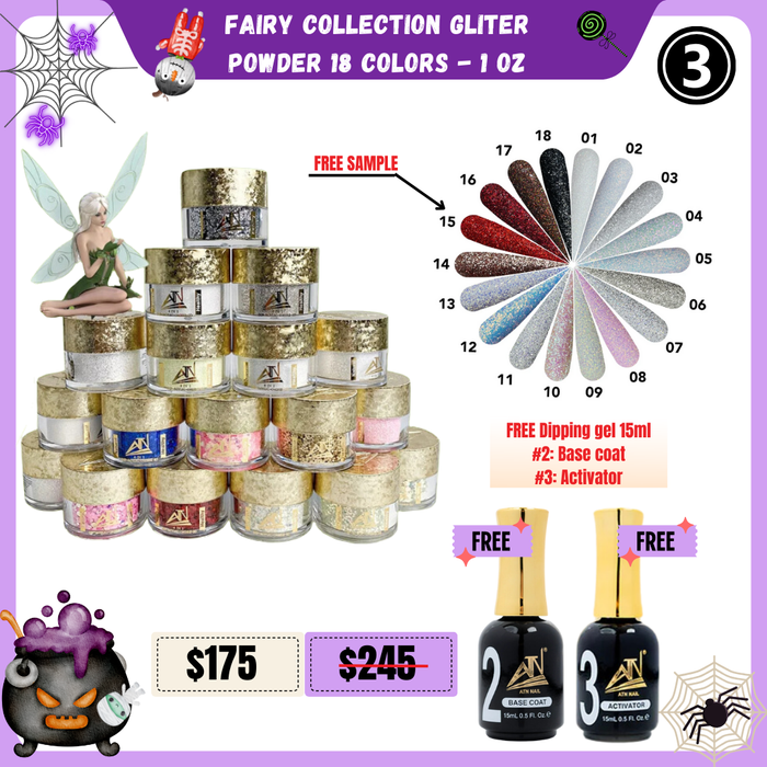 FS1033 FAIRY COLLECTION GLITER POWDER 18 colors - 1 OZ FREE Dipping gel 15ml #2: Base coat #3: Activator