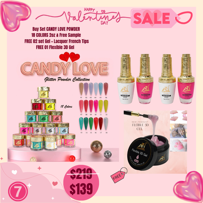 (2) 7 -  Buy set Powder Collection Candy Love 18 Colors 2 Oz Free 02 set  Gel + lacquer Frenh Tips  & Free 01 Flexible 3D Pink Colors