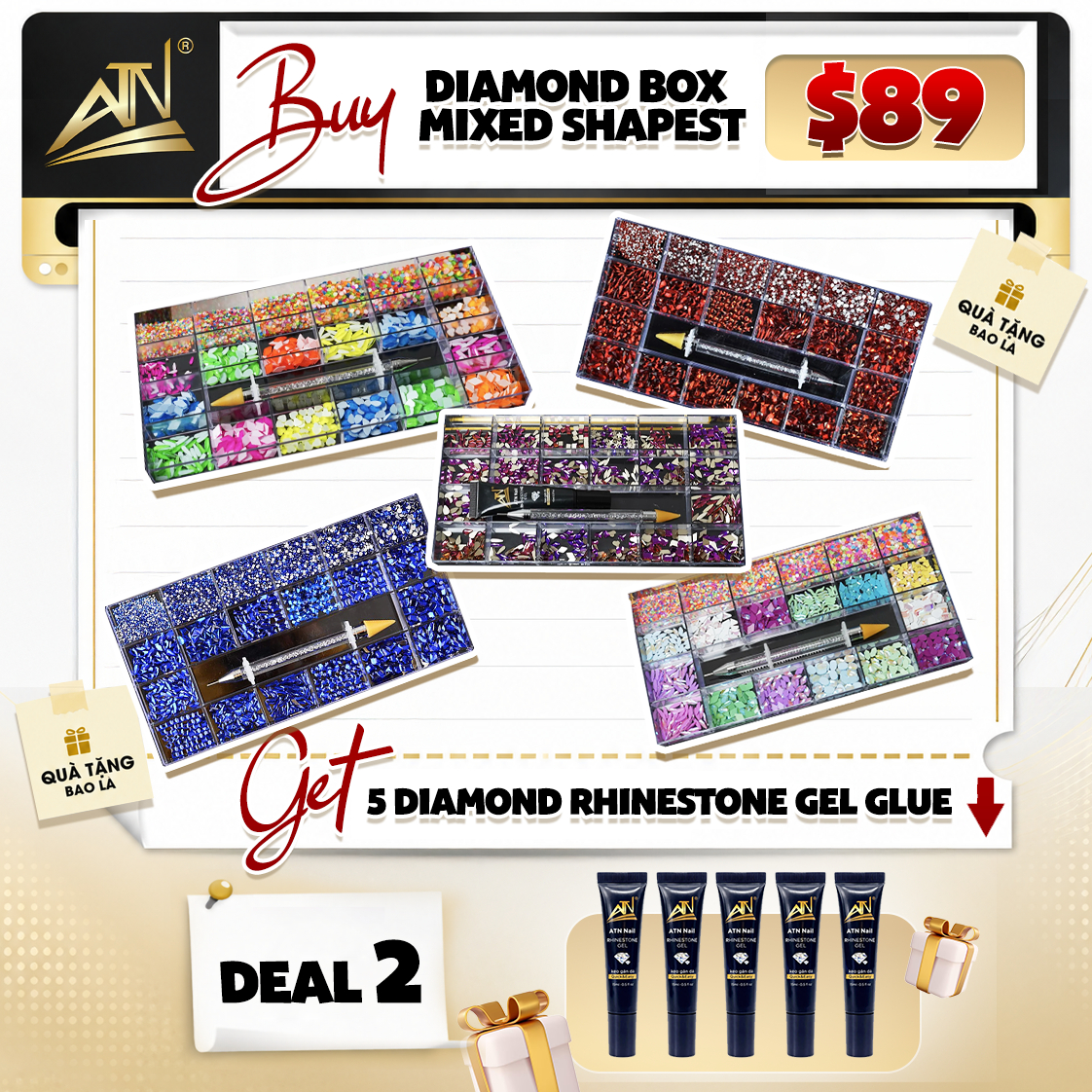 ATN Diamond Rhinestone Mixed Shapes Box Bundle + 5 Rhinestone Gel Glue