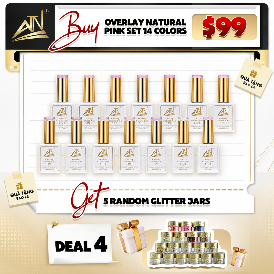 ATN Overlay Natural Pink Gel Set 14 Colors + 5 Free Glitter Jars