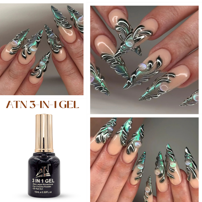 ATN 3-in-1 Gel – Rhinestone Adhesive, Chrome Base & 3D Nail Art Builder | LED/UV Gel for Nail Techs & Artists