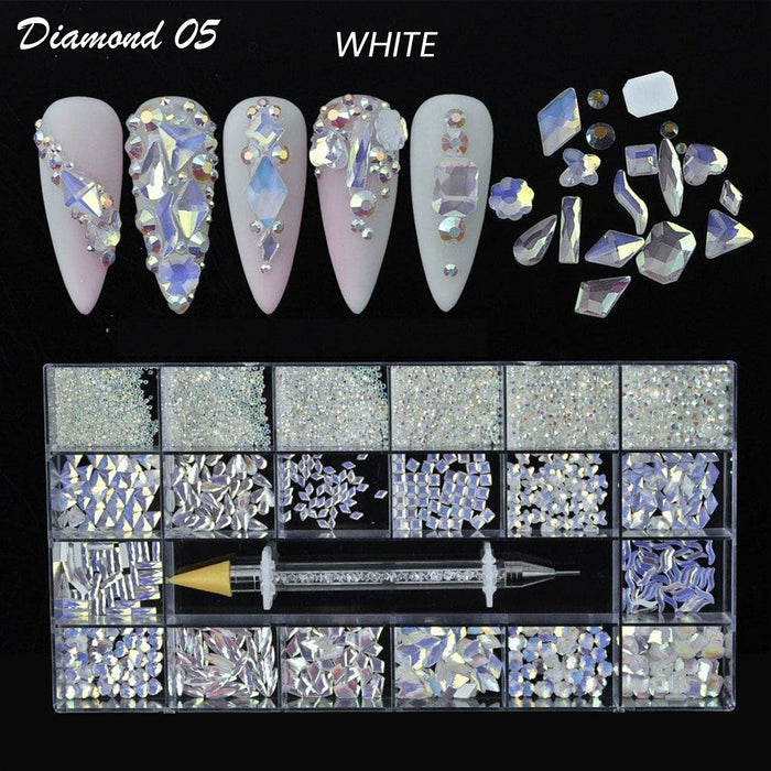 Swarovsky Luxury Shiny Diamond Nail Art Rhinestones Crystal Decorations Set  AB Glass 1pcs Pick Up Pen In Grids Box 21 Shape