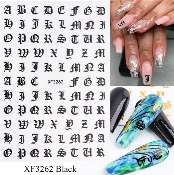 Old English Letter Nail Stickers Small Size - Black Gold White Color –  Scarlett Nail Supplies
