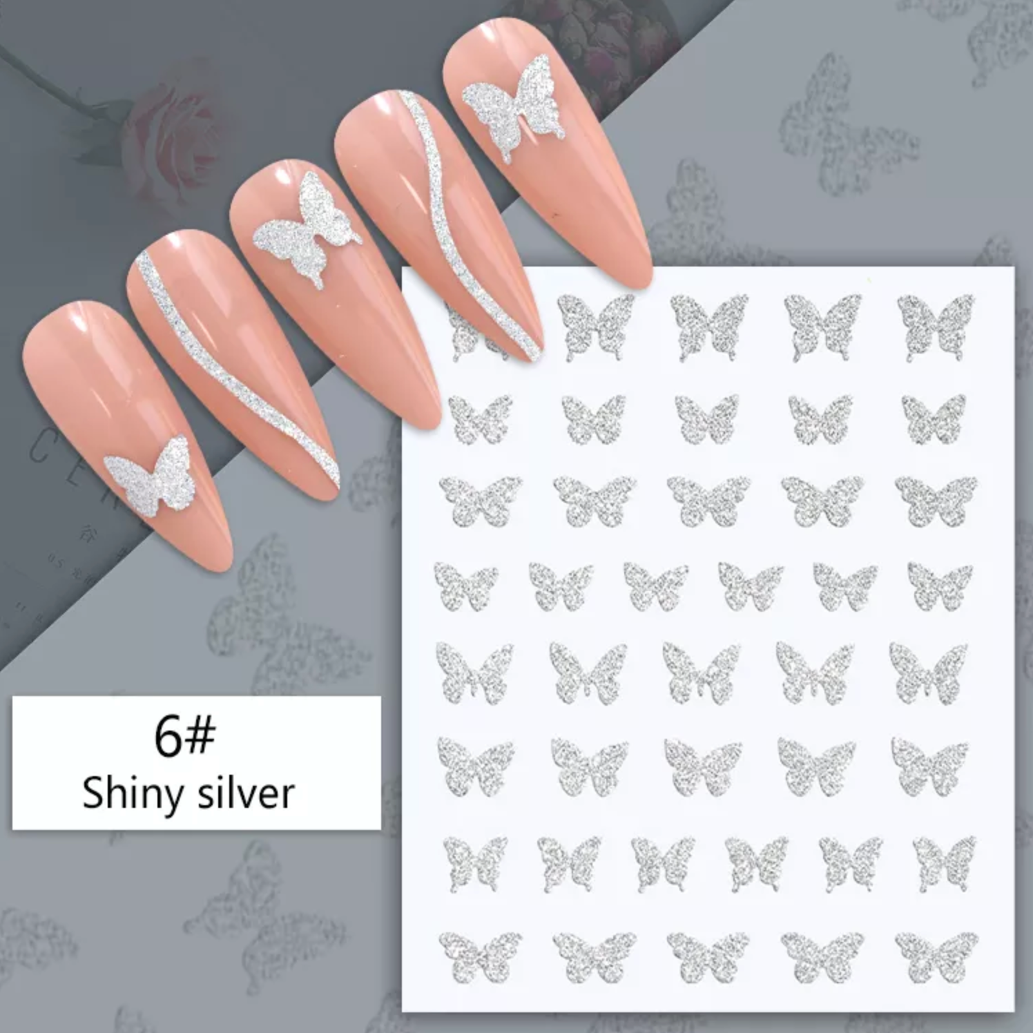 STICKER - Glitter Silver - Butterfly, Bear,Flame, Trace, Heart | SET 7 PCS