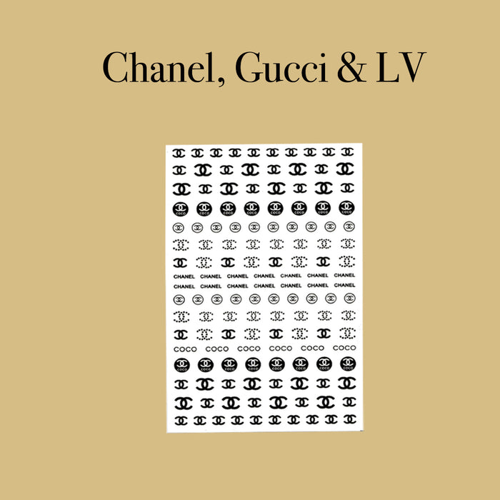 Joykott 3D Luxury Brand Lv Coco Chanel Gucci Nail Art Stickers Gold
