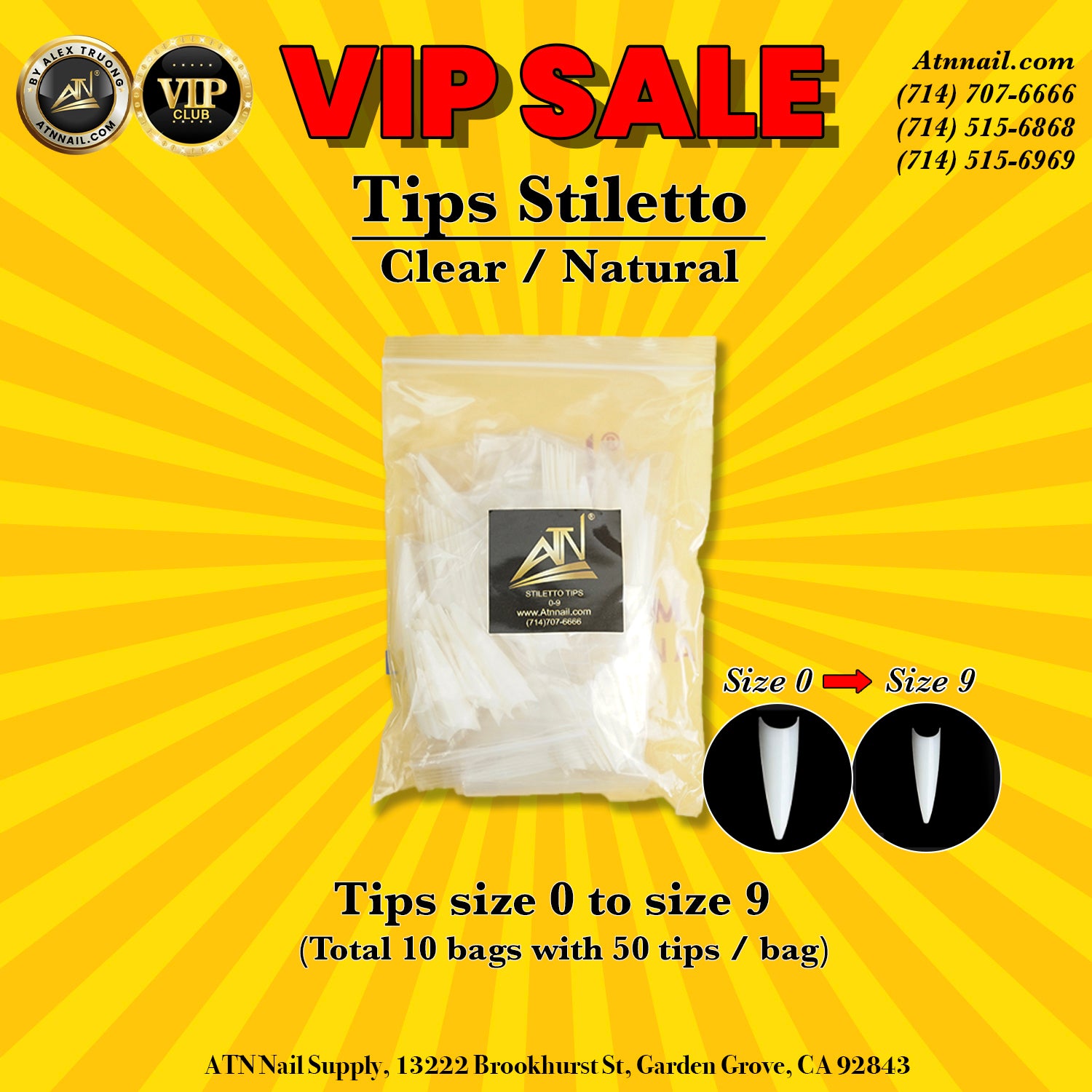 Stiletto Nail Tips (Sizes 0–9, 50pcs/Bag)