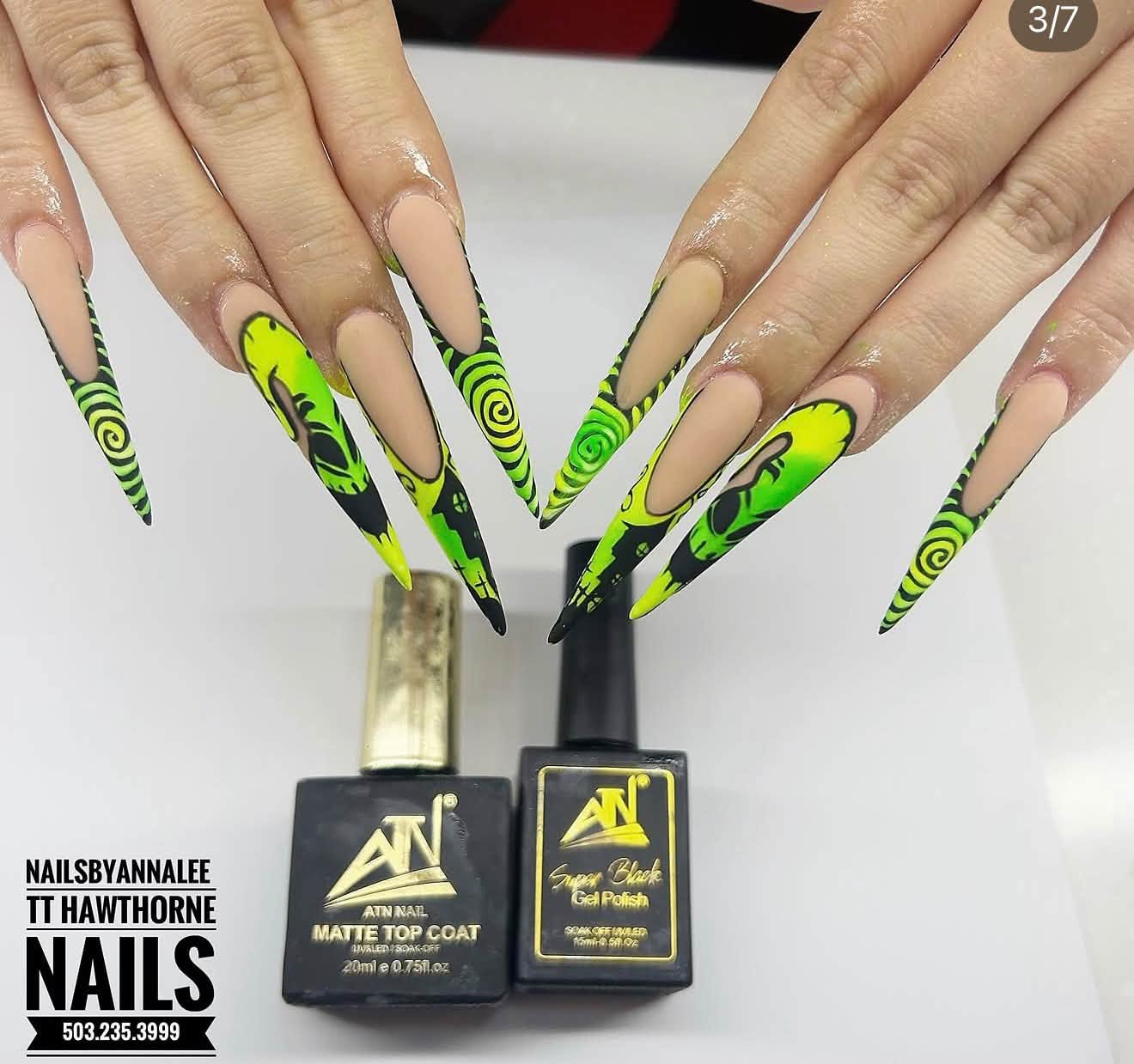 Neon green nail art by Le Nguyen at TT Hawthorne Nails, photographed with ATN Matte Top Coat and Super Black gel polish.